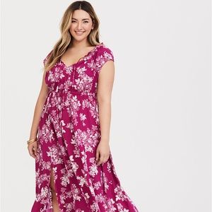 BERRY FLORAL CHALLIS SLIT MAXI DRESS